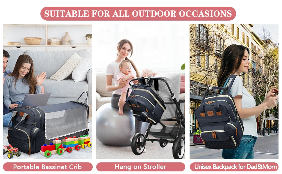 3-in-1 Diaper Bag Backpack with Baby Bed