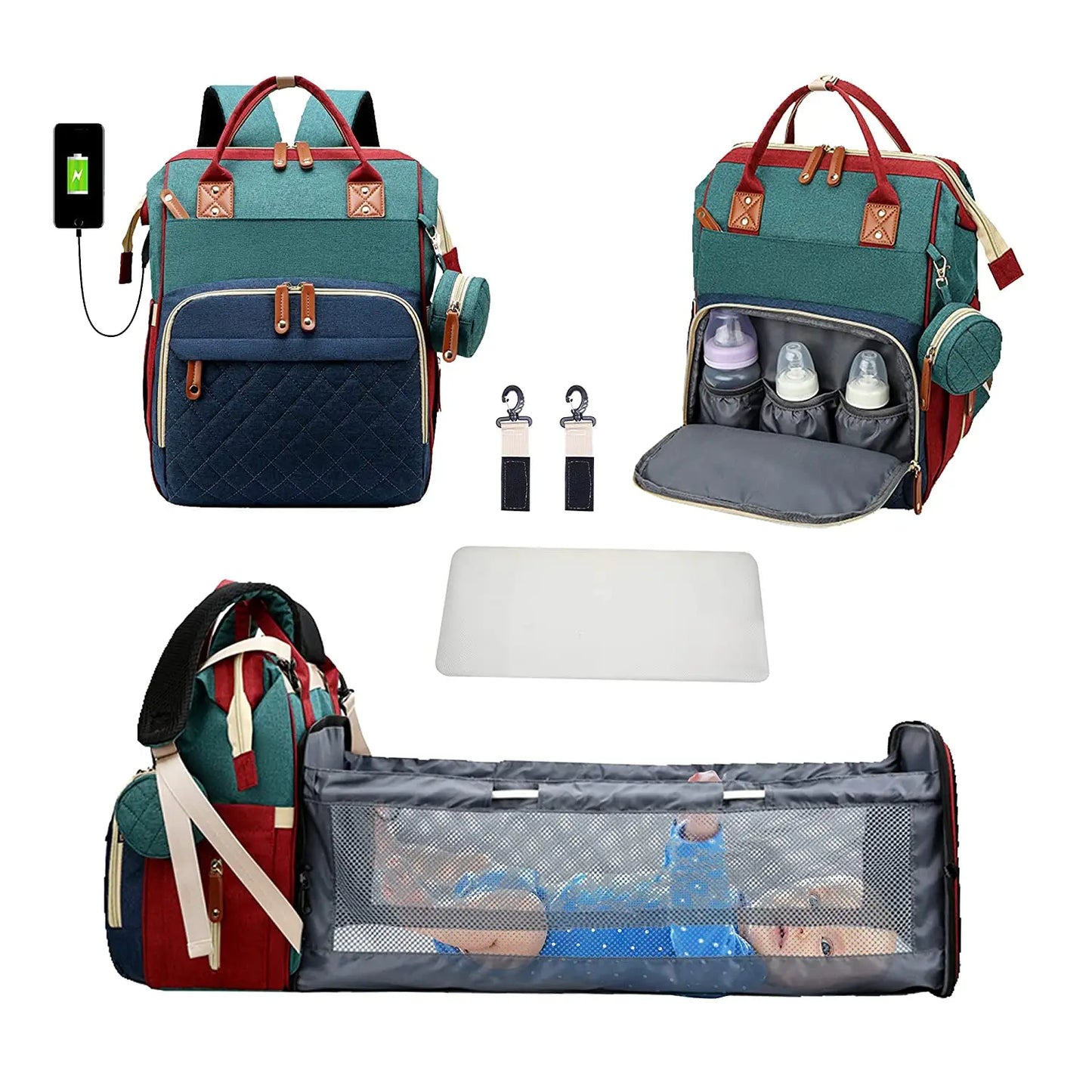 3-in-1 Diaper Bag Backpack with Baby Bed