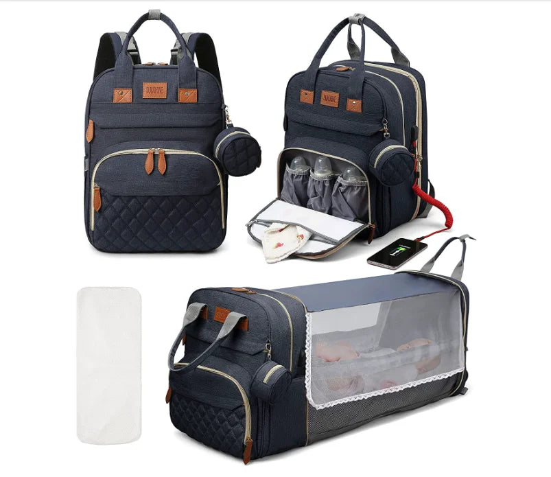 3-in-1 Diaper Bag Backpack with Baby Bed
