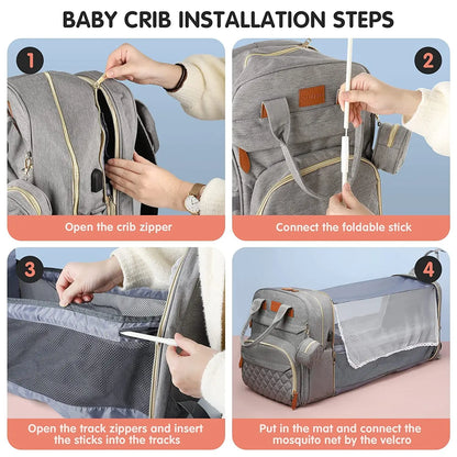 3-in-1 Diaper Bag Backpack with Baby Bed