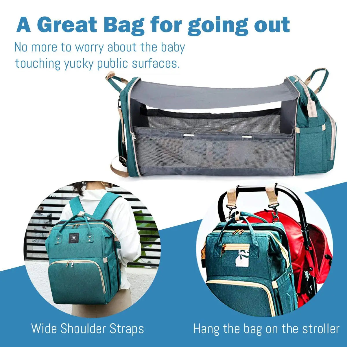 3-in-1 Diaper Bag Backpack with Baby Bed