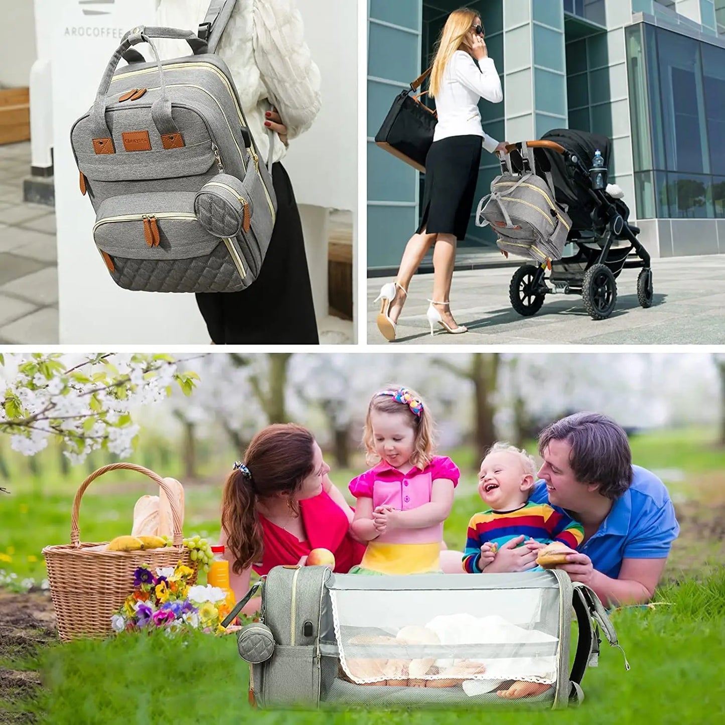 3-in-1 Diaper Bag Backpack with Baby Bed