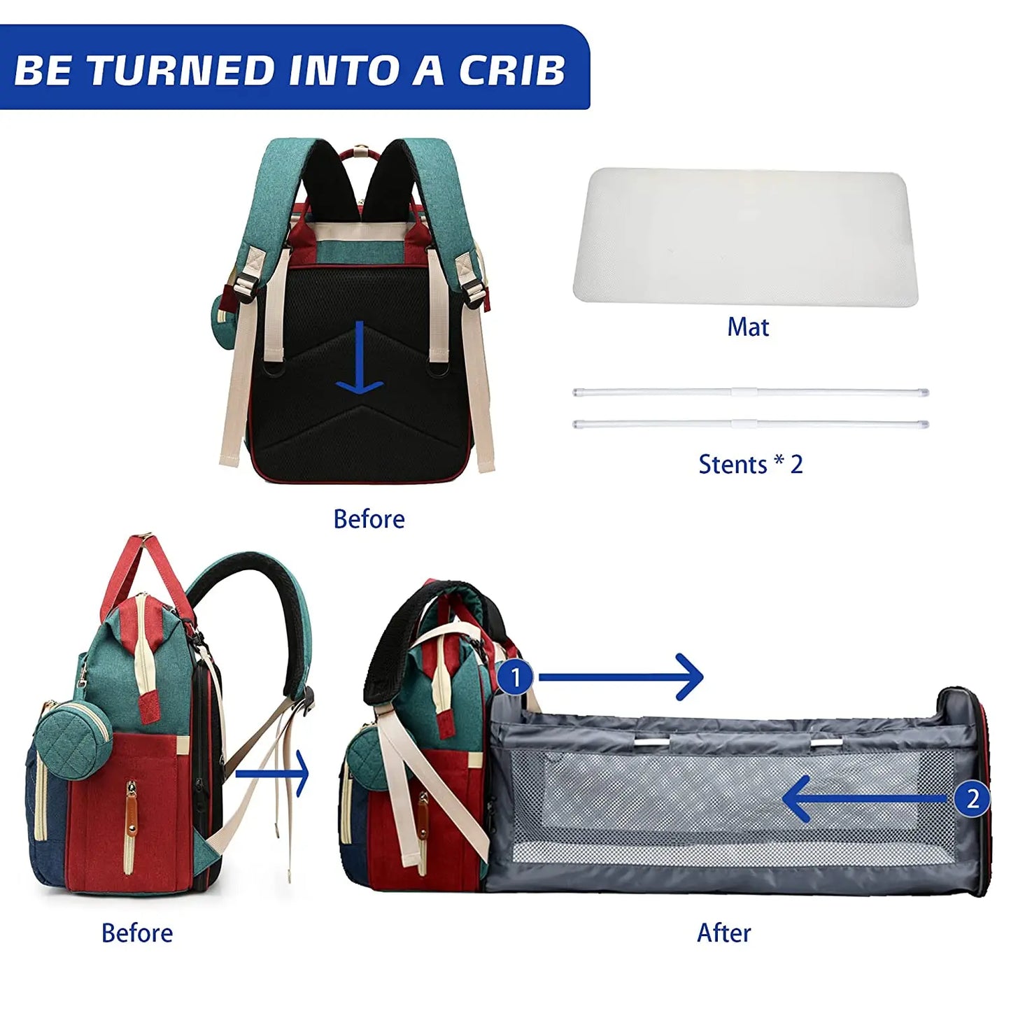 3-in-1 Diaper Bag Backpack with Baby Bed