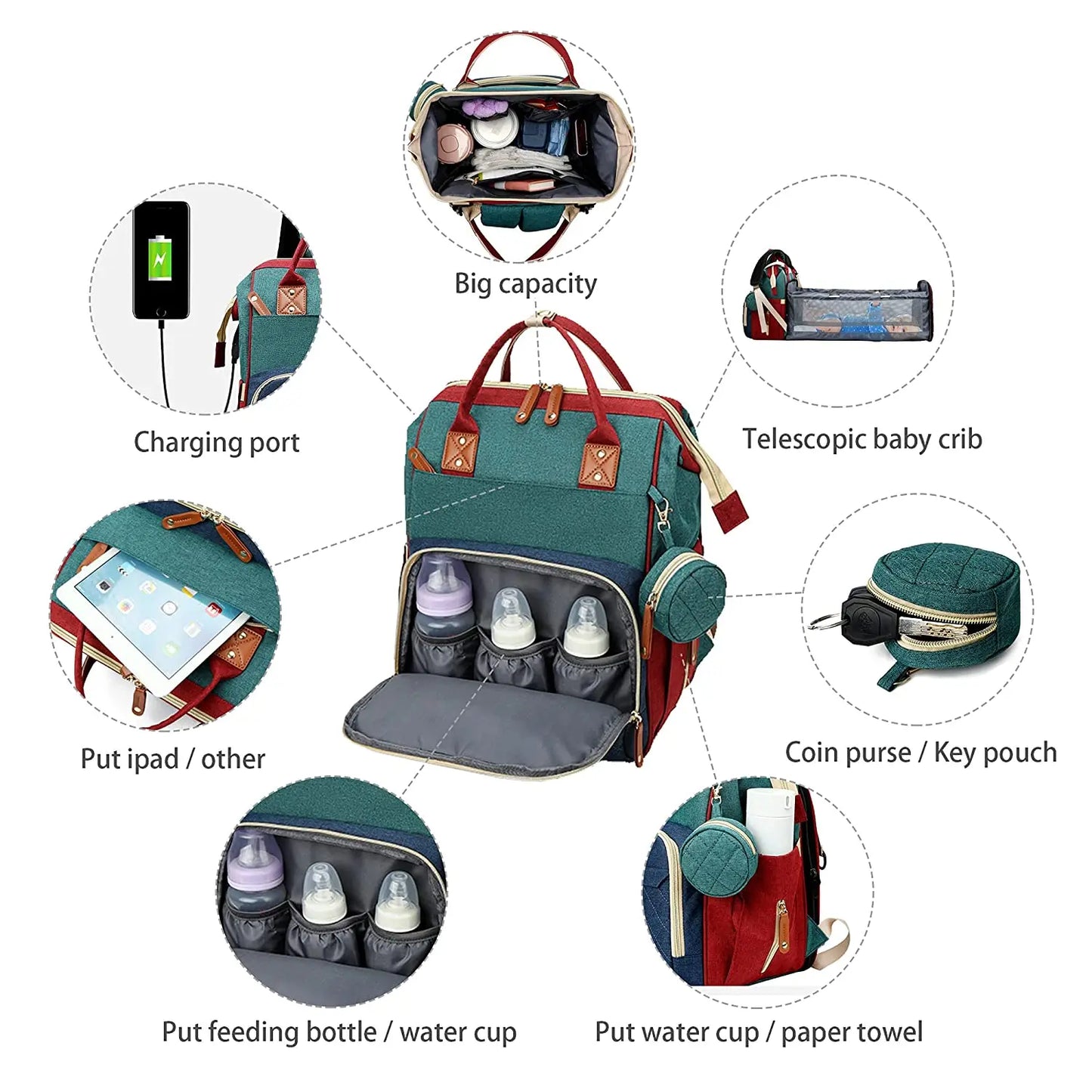 3-in-1 Diaper Bag Backpack with Baby Bed