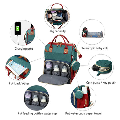 3-in-1 Diaper Bag Backpack with Baby Bed